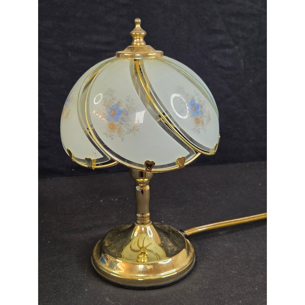 Vintage Brass Blue Floral Touch Lamp Frosted Glass Heart Shade 9.5in E127479